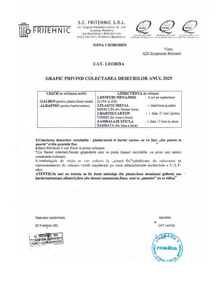 Grafic privind colectarea deșeurilor - anul 2025
